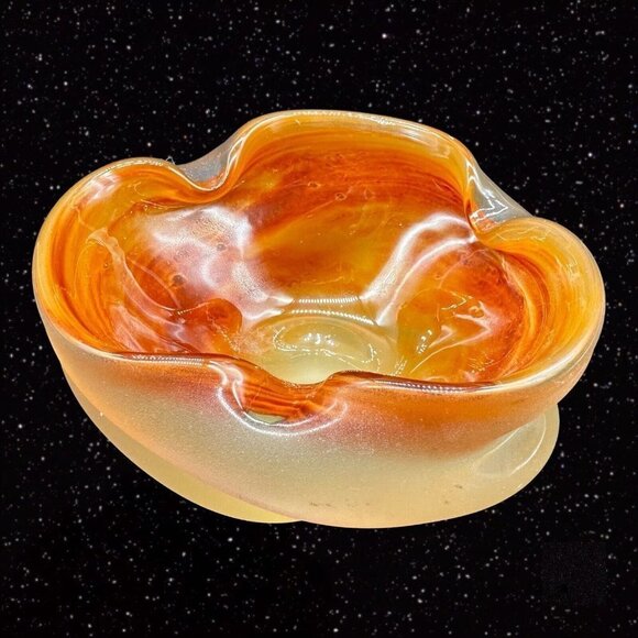 Vintage Czech Bohemian Glass Ashtray 1950s Hand Made Orange Bowl 5”W 2”T - Picture 15 of 16
